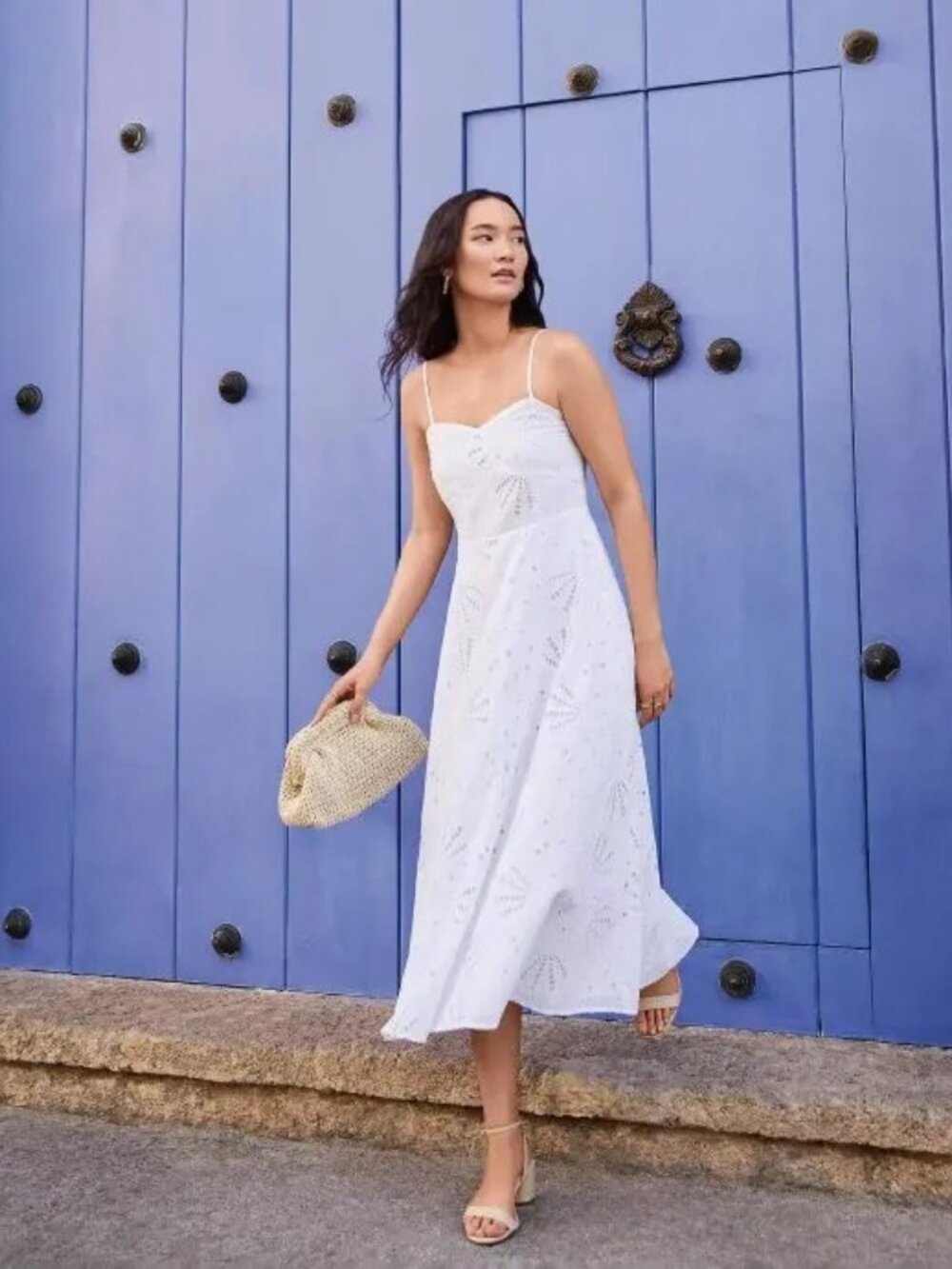 Loft women’s white Eyelet Sweetheart Sleeveless Cotton Midi Dress 14